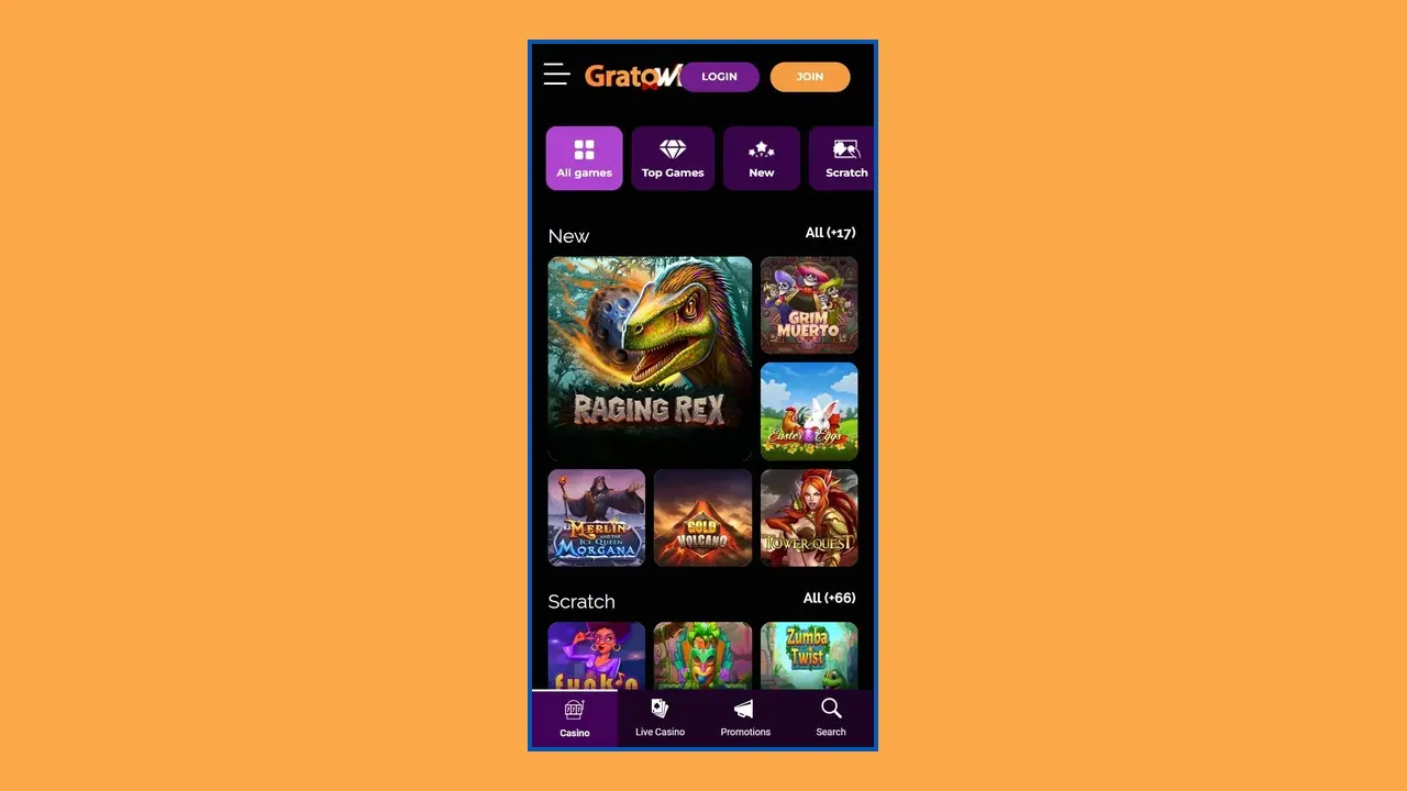Assortiment de jeux dans la version mobile de Gratowin